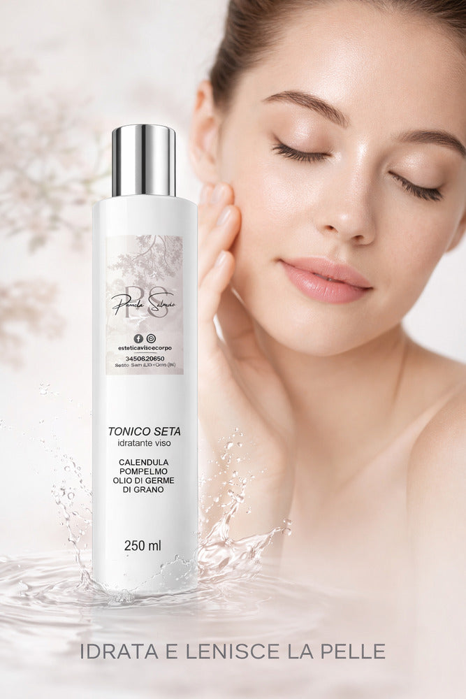 Tonico Seta è un fluido viso analcolico formulato per completare la detersione e preparare la pelle ai trattamenti successivi.